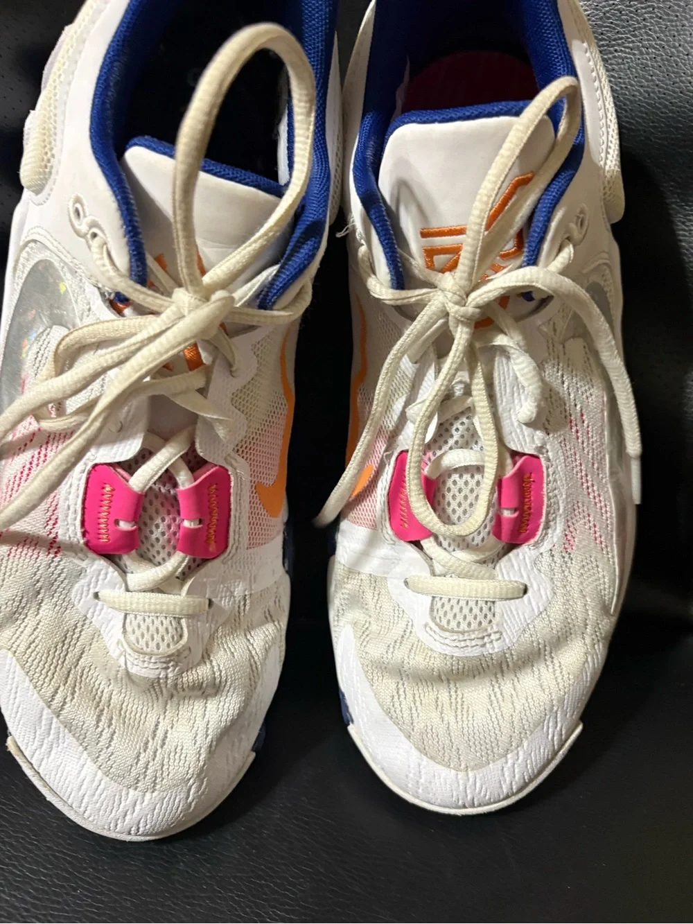 Nike LOGO 5 White Sneakers with Orange Swoosh and Blue Trim for women’s size 7Y